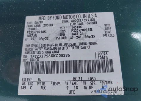 1999 Ford F-150 Work Series/Xl/Xlt z USA, uszkodzony, nr VIN 1FTZX1726XKC05286